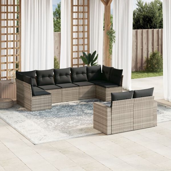 vidaXL Set Divano da Giardino 9pz con Cuscini Grigio Chiaro Polyrattan