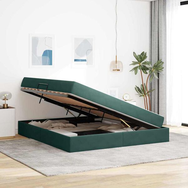 vidaXL Letto con contenitore e materasso Verde Scuro 160 x 200 cm