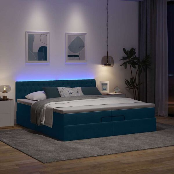 vidaXL Pouf Letto con Materassi e LED Blu Scuro 200x200cm Velluto