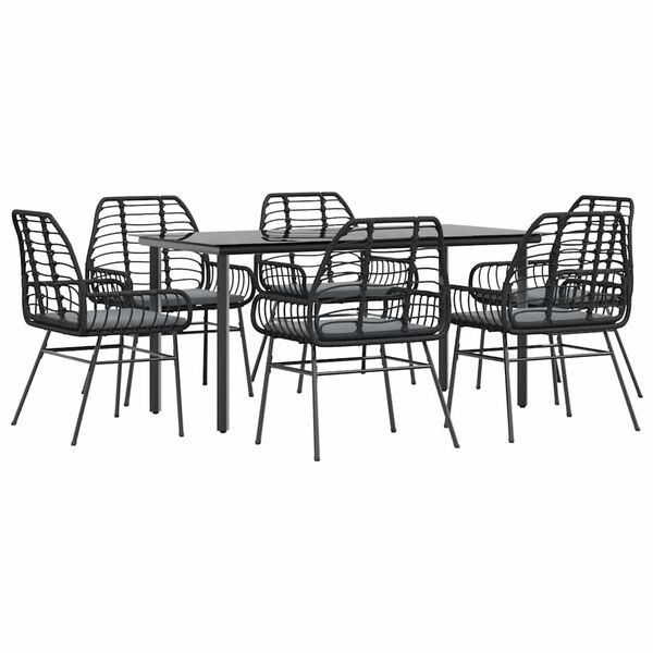vidaXL Set Pranzo da Giardino 7 pz Nero con Cuscini Polyrattan Vetro