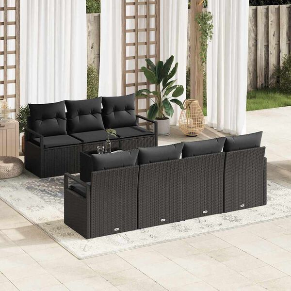 vidaXL Set Divano da Giardino 8 pcs Nero Polyrattan, Acciaio e Vetro