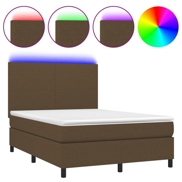 vidaXL Letto a Molle Materasso e LED MarroneScuro 140x190cm in Tessuto