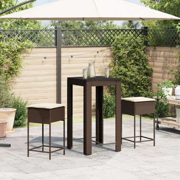 vidaXL Set Bar da Giardino 3 pz con Cuscini in Polyrattan Marrone