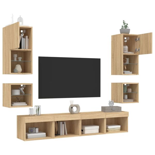 vidaXL Mobili TV a Muro con LED 8pz Rovere Sonoma Legno Multistrato