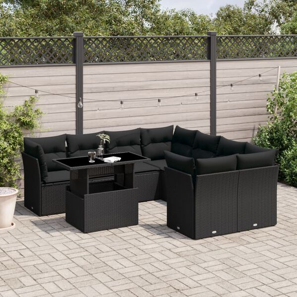vidaXL Set Divani da Giardino 9 pz con Cuscini Nero in Polyrattan