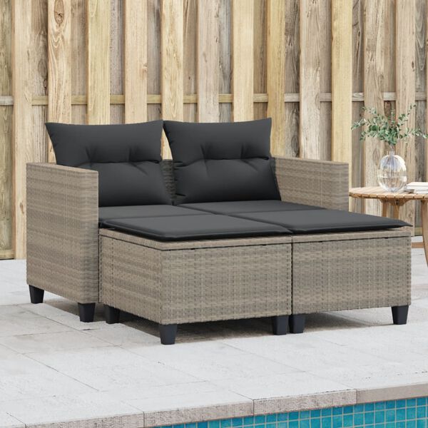 vidaXL Divano da Giardino 2Posti con Sgabelli Grigio Chiaro Polyrattan