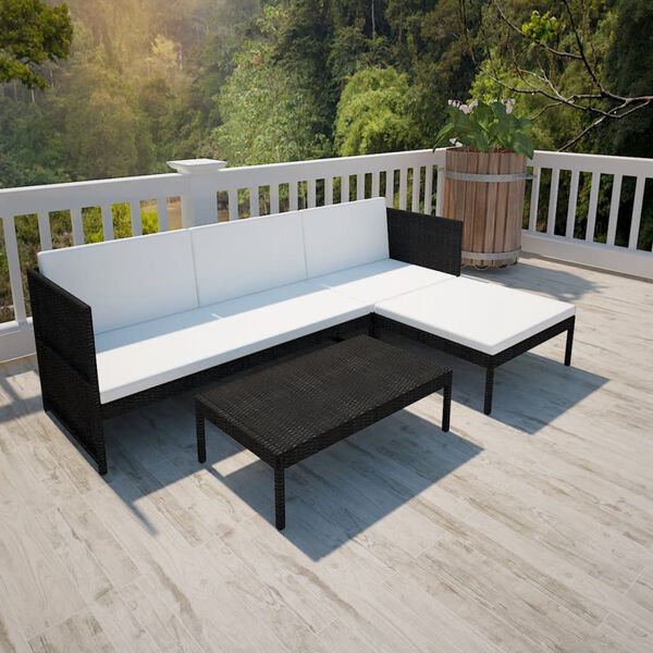 vidaXL Set Divani da Giardino 3 pz con Cuscini in Polyrattan Nero