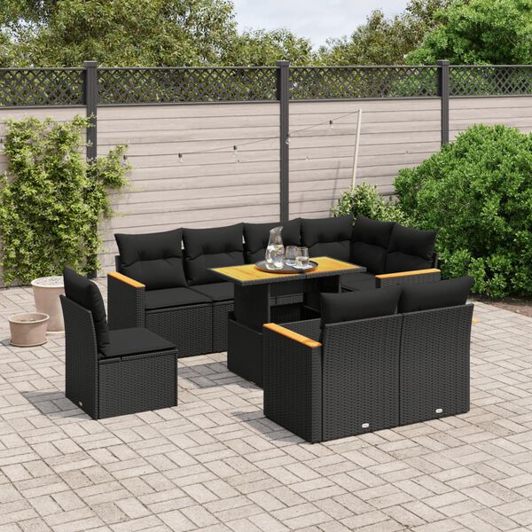 vidaXL Set Divani da Giardino 9 pz con Cuscini Nero in Polyrattan