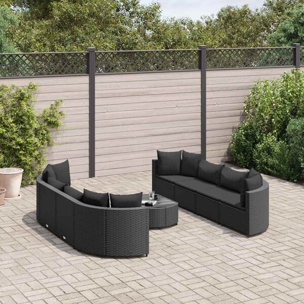 vidaXL Set Divani da Giardino 9 pz con Cuscini Nero in Polyrattan