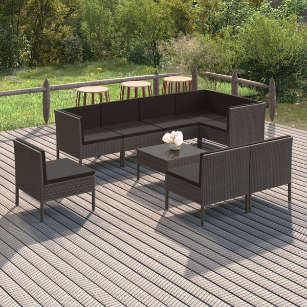 vidaXL Set Divani da Giardino 9 pz con Cuscini in Polyrattan Grigio