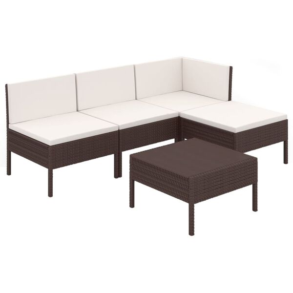 vidaXL Set Divani da Giardino 5 pz con Cuscini in Polyrattan Marrone