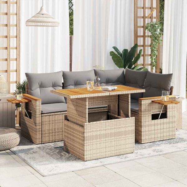 vidaXL Set Divano da Giardino 5 pz con Cuscini Beige Polyrattan Acacia