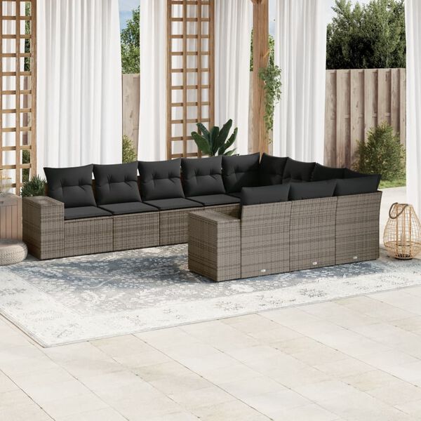 vidaXL Set Divano da Giardino 10 pz con Cuscini Grigio in Polyrattan