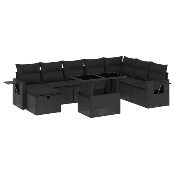 vidaXL Set Divani da Giardino 9 pz con Cuscini Nero in Polyrattan