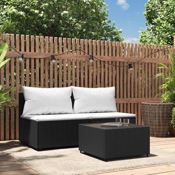 vidaXL Set Divani da Giardino 3 pz con Cuscini Nero in Polyrattan
