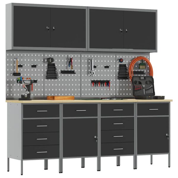 vidaXL Mobile da lavoro 10 pcs Nero Legno ingegnerizzato e acciaio