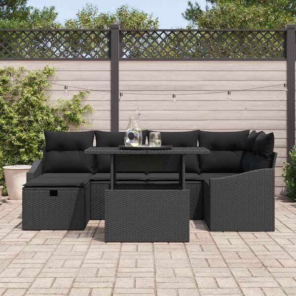 vidaXL Set Divano da Giardino con cuscino 7 pcs Nero polyrattan