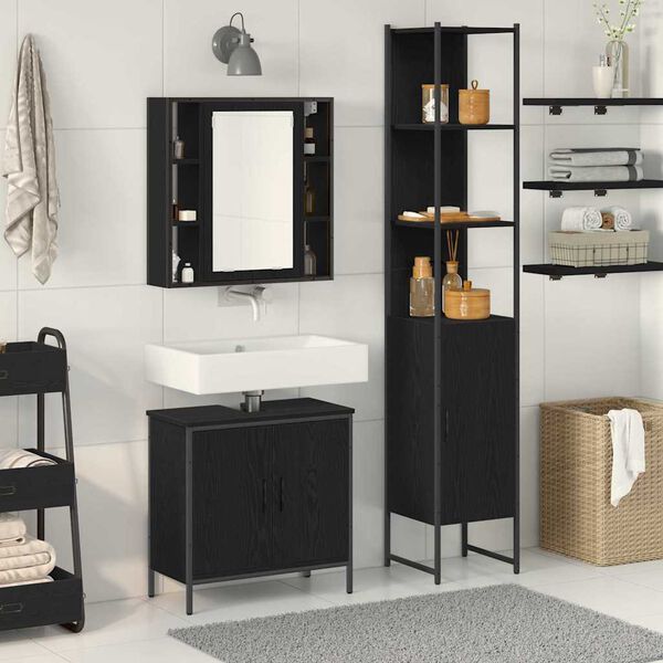 vidaXL Unit&agrave; da Bagno con lo scaffale 3 pcs Nero Legno multistrato