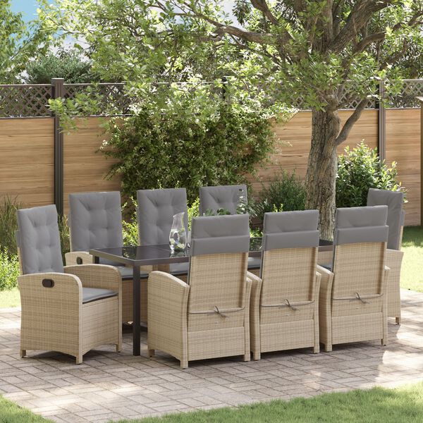 vidaXL Set da Pranzo per Giardino con cuscino 9 pcs Beige polyrattan
