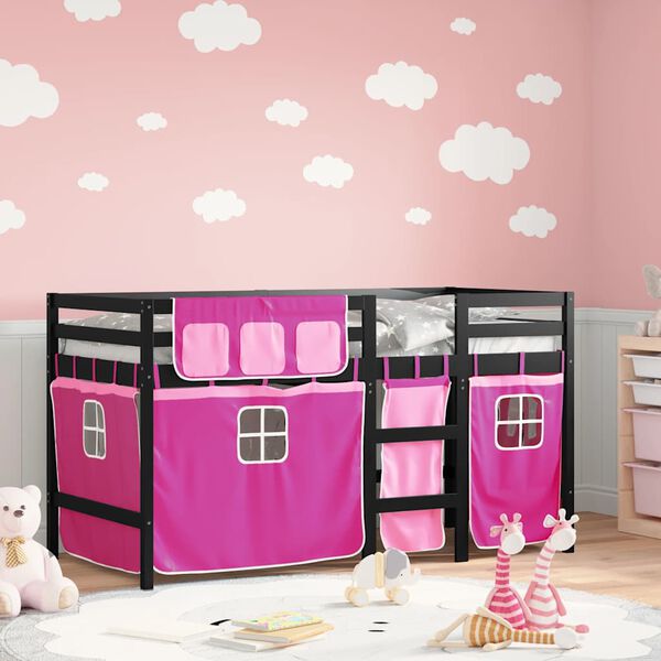 vidaXL Letto a Soppalco con Tende Bambini Rosa 90x190 cm Massello Pino