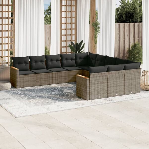 vidaXL Set Divani da Giardino 11 pz con Cuscini in Polyrattan Grigio