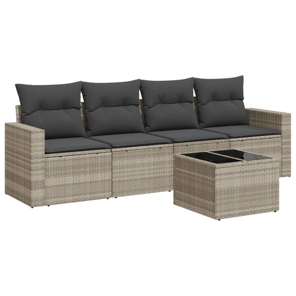vidaXL Set Divano da Giardino 5pz con Cuscini Grigio Chiaro Polyrattan
