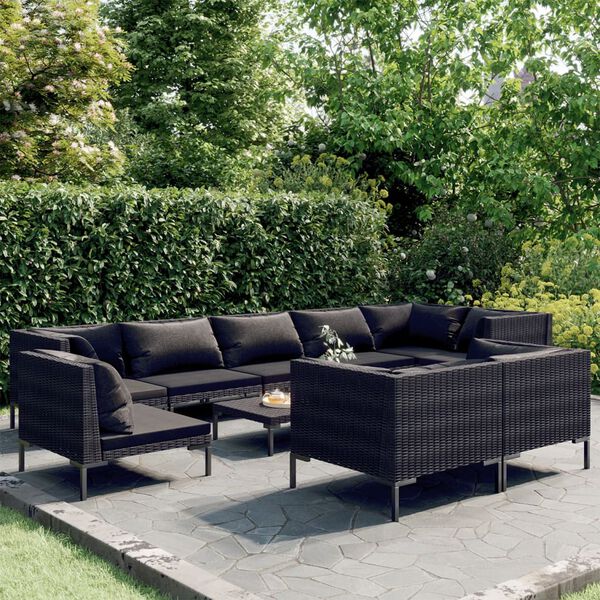 vidaXL Divani da Giardino 10 pz con Cuscini in Polyrattan Grigio Scuro