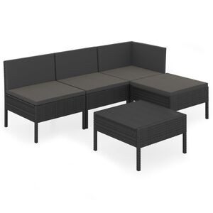 vidaXL Set Divani da Giardino 5 pz con Cuscini in Polyrattan Nero