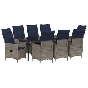 vidaXL Set di tavolo e sedie con cuscino 9 pcs Grigio Rattan in PE