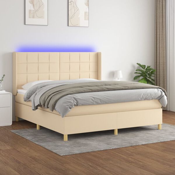 vidaXL Letto a Molle con Materasso e LED Crema 180x200 cm in Tessuto
