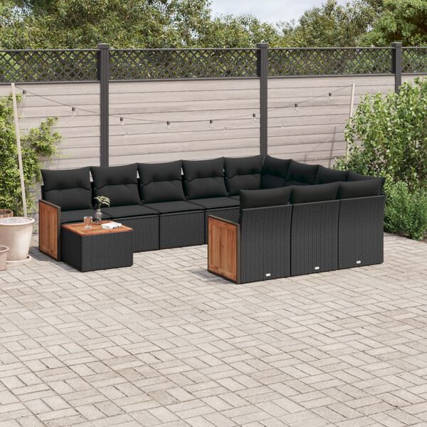 vidaXL Set Divani da Giardino 11 pz con Cuscini in Polyrattan Nero