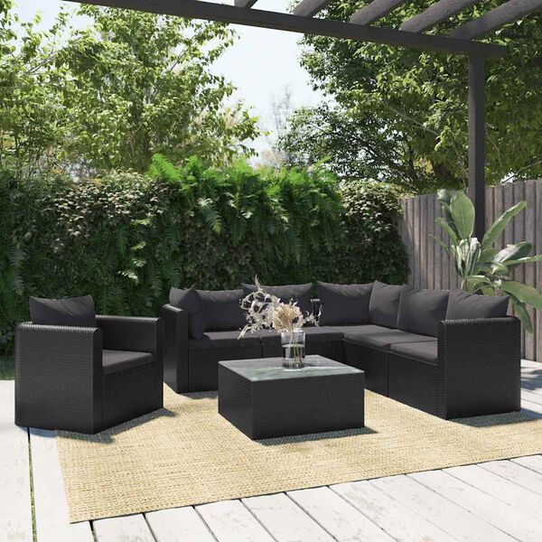 vidaXL Set Divani da Giardino 7 pz con Cuscini in Polyrattan Nero