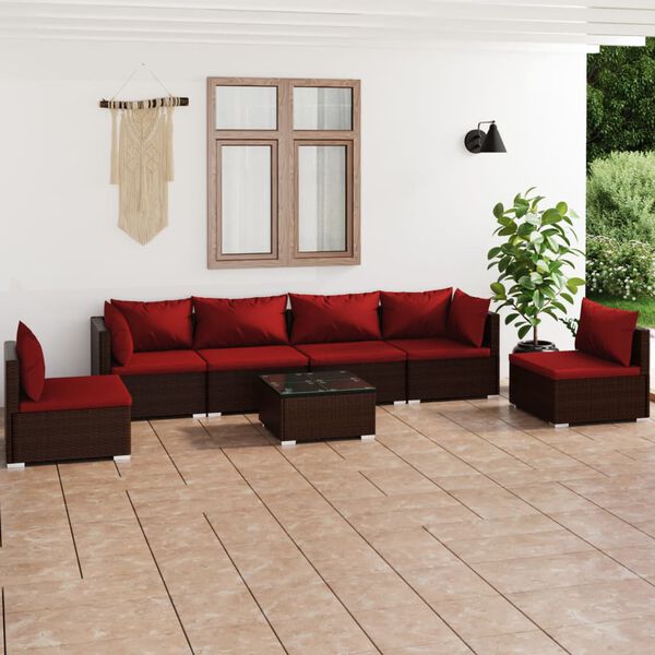 vidaXL Set Divani da Giardino 7 pz con Cuscini in Polyrattan Marrone