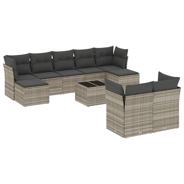 vidaXL Set Divano Giardino 10 pz con Cuscini Grigio Chiaro Polyrattan