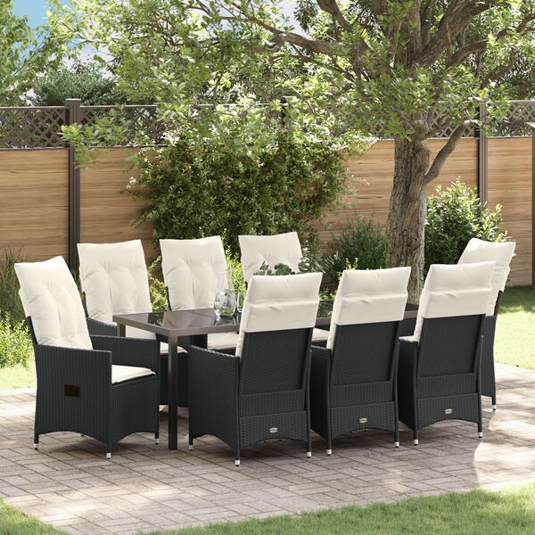 vidaXL Set da Pranzo per Giardino con cuscino 9 pcs Nero polyrattan