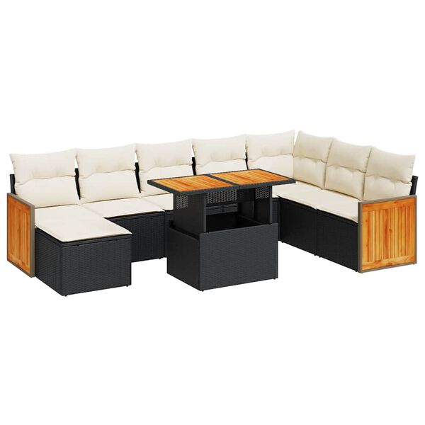 vidaXL Set Divani da Giardino 9 pz con Cuscini Nero Polyrattan Acacia