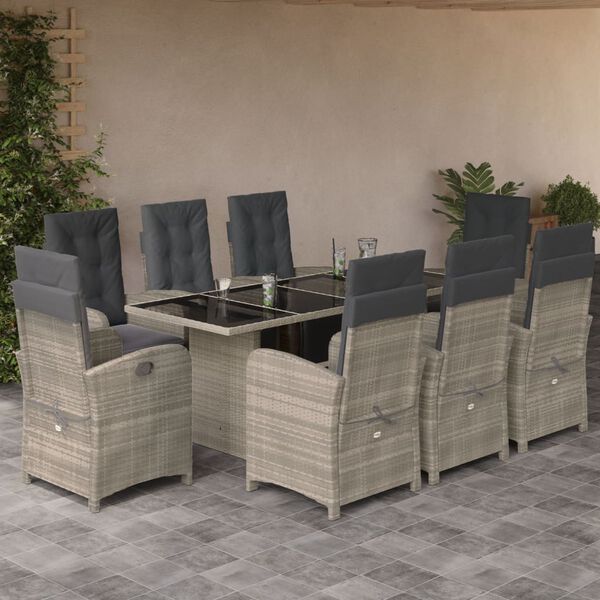 vidaXL Set Pranzo da Giardino 9pz con Cuscini Grigio Chiaro Polyrattan