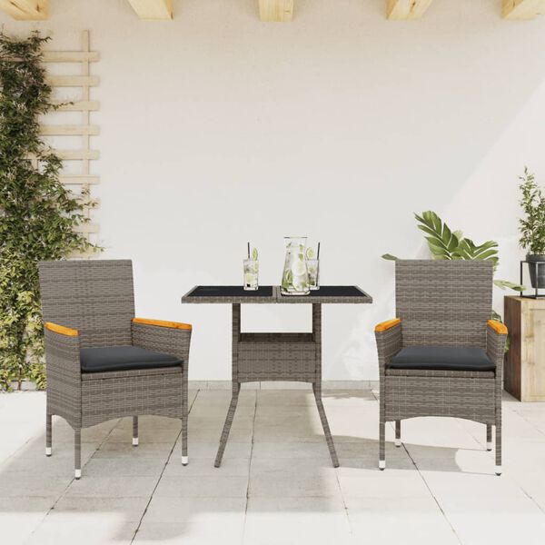 vidaXL Set da Pranzo da Giardino 3pz con Cuscini in Polyrattan e Vetro