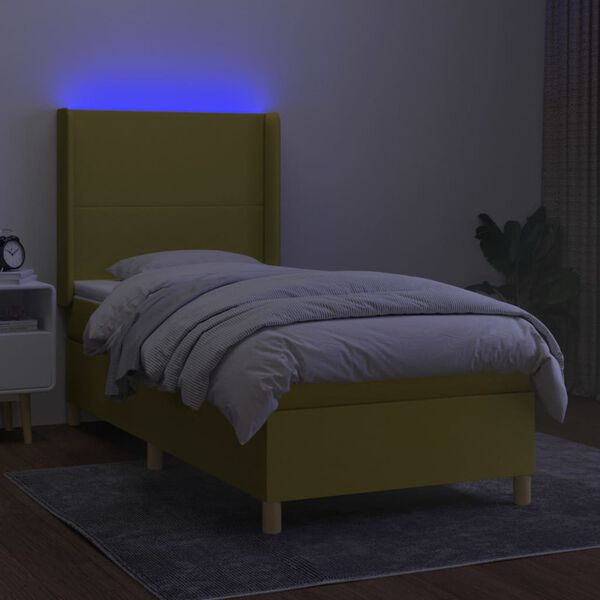 vidaXL Letto a Molle con Materasso e LED Verde 90x200 cm in Tessuto