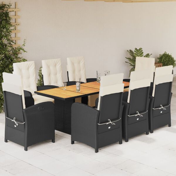 vidaXL Set da Pranzo da Giardino 9 pz con Cuscini Nero in Polyrattan
