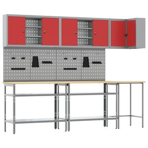 vidaXL Set di mobili da lavoro con lo scaffale 10 pz Rosso e Grigio
