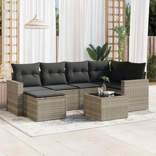 vidaXL Set Divani da Giardino 7pz con Cuscini Grigio Chiaro Polyrattan