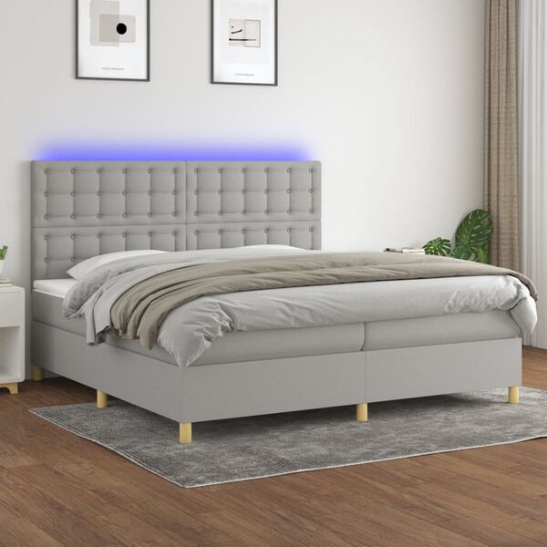 vidaXL Letto a Molle Materasso e LED Grigio Chiaro 200x200 cm Tessuto