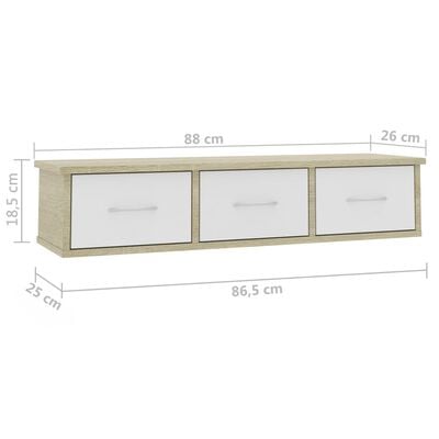 vidaXL Scaffale Cassetti Parete Bianco Sonoma 88x26x18,5cm Multistrato