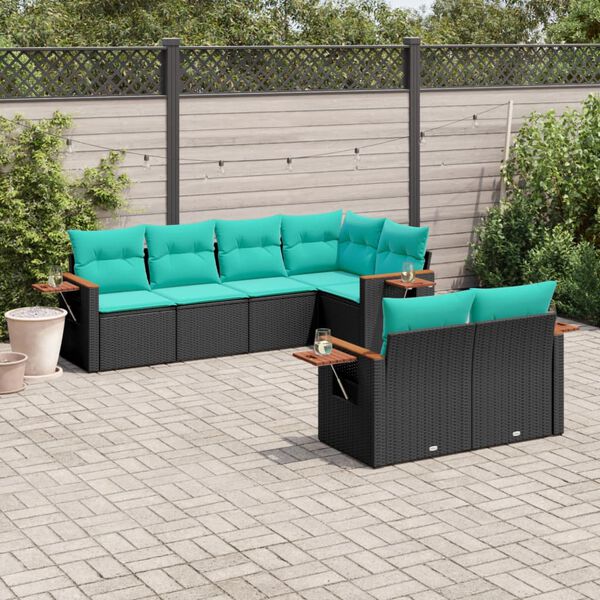 vidaXL Set Divani da Giardino 7 pz con Cuscini Nero in Polyrattan