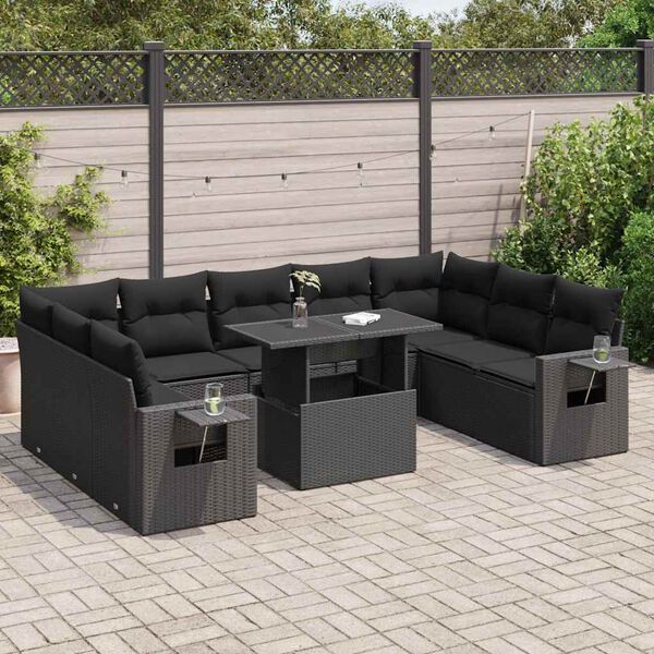 vidaXL Set Divani da Giardino 10pz con Cuscini in Polyrattan Nero