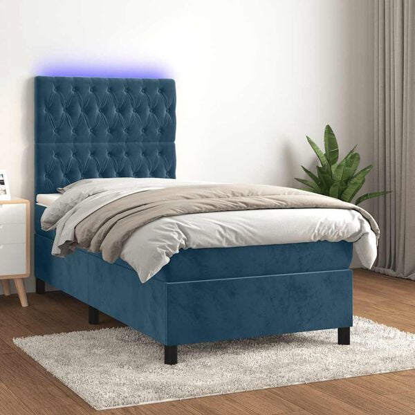 vidaXL Letto a Molle con Materasso e LED Blu Scuro 80x200cm in Velluto