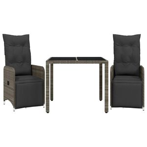 vidaXL Set Bistr&ograve; da Giardino 3 pz con Cuscini in Polyrattan Grigio