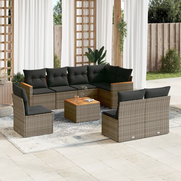 vidaXL Set Divano da Giardino 9 pz con Cuscini Grigio in Polyrattan