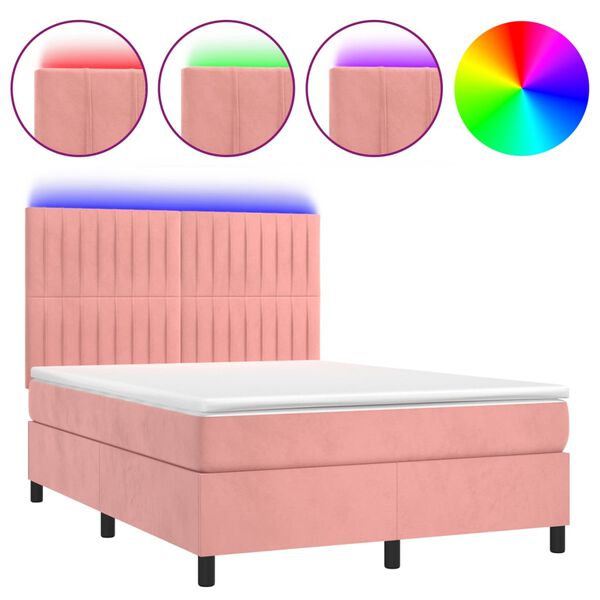 vidaXL Letto a Molle con Materasso e LED Rosa 140x200 cm in Velluto